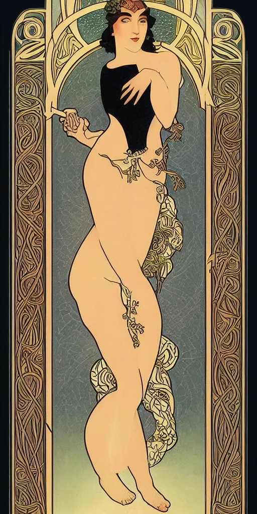 Image similar to “an Art Deco illustration of the Fool tarot card, by Tamara De Lempika and an elegant border by Alphonse Mucha. |studio lighting |digital painting, stunning lighting, trending on ArtStation”