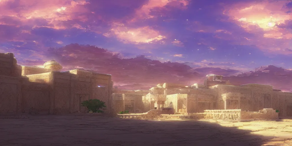 Image similar to a stunning desert landscape with an arabian palace on the horizon by makoto shinkai