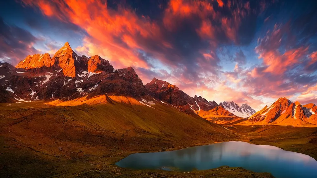 Image similar to amazing landscape photo of mountains with lake in sunset by marc adamus, beautiful dramatic lighting