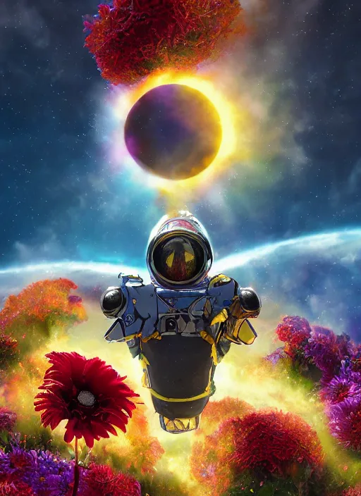 Image similar to An epic fantastic realism comic book style painting of the most beautiful flowers launched into space, bouquets, solar eclipse, fisheye, unreal 5, DAZ, hyperrealistic, octane render, dynamic lighting