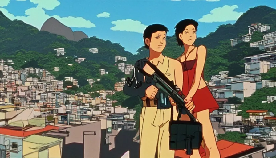 Image similar to 1 9 8 6 movie screencap of a couple with a gun on a rio de janeiro, gucci clothes, studio ghibli sky, beautiful favela background extremely utra high quality artwork 8 k