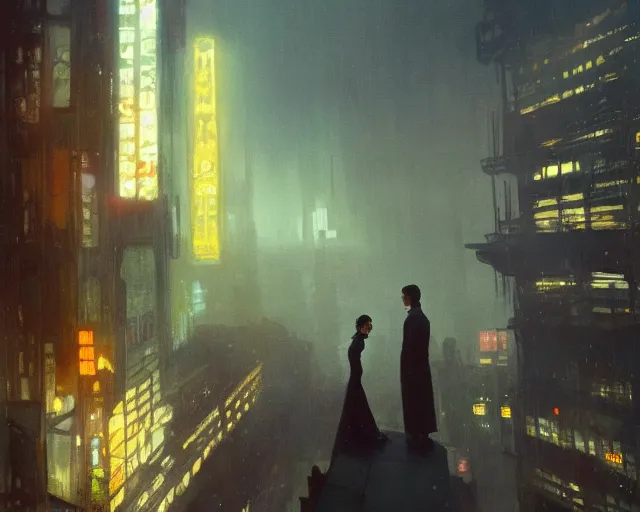 Prompt: 2 0 1 8 blade runner movie still jamie chung look at the cityscape from roof perfect face fine realistic face pretty face neon puffy jacket blue futuristic sci - fi elegant by denis villeneuve tom anders zorn hans dragan bibin thoma greg rutkowski ismail inceoglu illustrated sand storm alphonse mucha