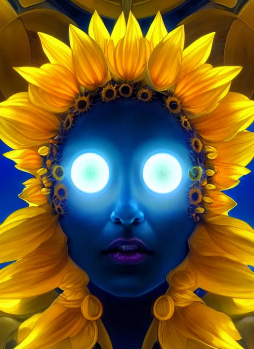 Image similar to symmetry!! portrait of a sunflower, sci - fi, tech wear, blue and yellow glowing lights!! intricate, elegant, highly detailed, digital painting, artstation, concept art, smooth, sharp focus, illustration, art by artgerm and greg rutkowski and alphonse mucha