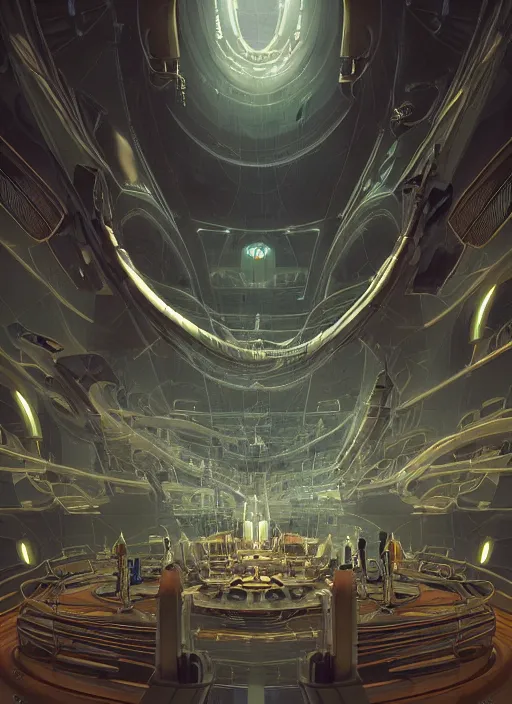 Image similar to Detailed Interior of a technological future cathedral spacecraft interior with cables and greebles, light of god, light shafts, candles, stunning atmosphere, in Style of Peter Mohrbacher, cinematic lighting