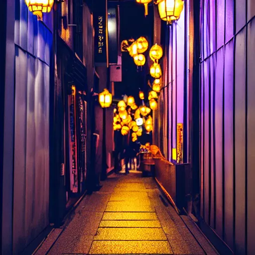 Image similar to night photography of kyoto alleyway at night, golden lanterns, traditional and modern store fronts, bokeh, award winning, dslr, nikon