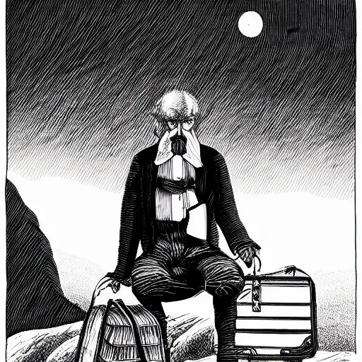 Image similar to a black and white cross - hatching edward gorey illustration of a man in old fashioned clothes waits by the side of the dark and lonely mountain road with his suitcase, stormy night time in the mountains highly detailed in the style of edward gorey, artgerm, 8 k resolution - c 5