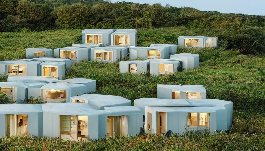 Image similar to A wide image of an eco-community neighborhood of innovative contemporary 3D printed prefab sea ranch style cabins with rounded corners and angles, beveled edges, made of cement and concrete, organic architecture, in a lush green eco community, Designed by Gucci and Wes Anderson, golden hour