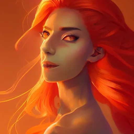 Image similar to portrait of beautiful woman with flaming orange hair, maya ali mage, gloomhaven, dynamic lighting, gaudy colors, octane render aesthetic, matte painting concept art, official fanart behance hd artstation by jesper ejsing, by rhads and makoto shinkai and lois van baarle and ilya kuvshinov and rossdraws