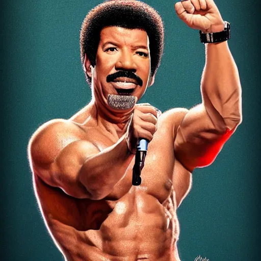 Image similar to Lionel richie with the physique of a body builder, hyper realistic, ultra detailed, cinematic, dynamic lighting, photorealistic, refined, intricate, digital art, digital painting, masterpiece, 8k