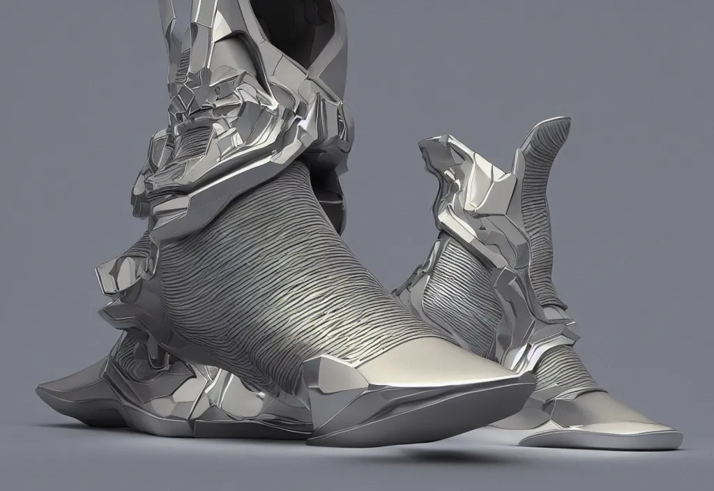 Prompt: one futuristic high - top sneaker with neon illuminated soles on a grey surface, clean 3 d render, beautiful studio lighting, soft, sharp focus, cyberpunk, intricate detail, gold filigree, soft rubber, octane render, trending on artstation, deviantart, art by iris van herpen and syd mead and giger