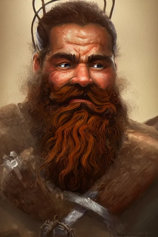 Prompt: dwarf with orangebrown braided beard, short, rough, armor focus on face, still, photograph, digital painting, highly realistic, details, trending on artstation, masterpiece, fantasy, medieval