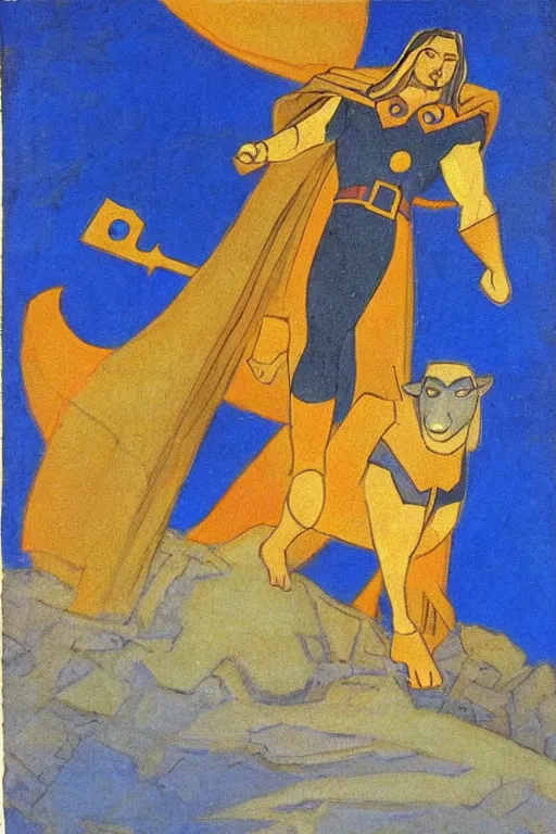 Image similar to thor, marvel, artwork by nicholas roerich,