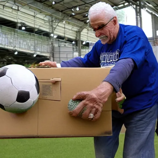 Image similar to an old man with blue hair bringing his priceless soccer ball to the antiques roadshow,