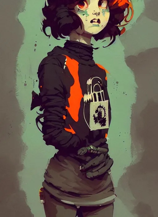 Prompt: highly detailed portrait of a sewer punk lady, tartan hoody, ringlet hair by atey ghailan, by greg rutkowski, by greg tocchini, by james gilleard, by joe fenton, by kaethe butcher, gradient orange, black, cream and white color scheme, grunge aesthetic!!! ( ( graffiti tag wall background ) )