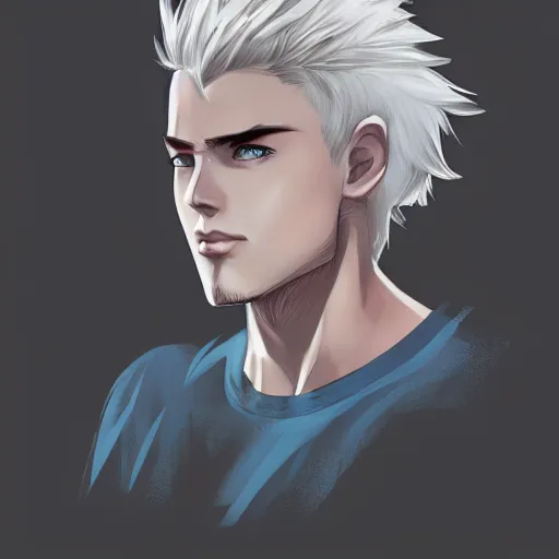 Prompt: portrait of a feminine young man with short white hair, bedhead, and blue eyes, wearing a gray t shirt, muscular arms, dramatic lighting, illustration by Rossdraws, professional portfolio, 4k, digital art, concept art, trending on artstation