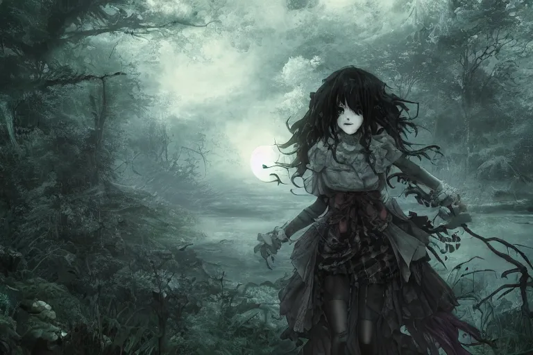 Image similar to goth woman in a moonlight view, in a forest, a river, tankoban, 4 k, tone mapping, akihiko yoshida, james jean andrei riabovitchev marc simonetti, yoshitaka amano, long hair, curly, h. hydrochaeri