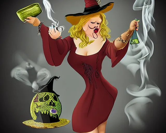 Prompt: fat witch smokin bong. the witch is smoking a bong.