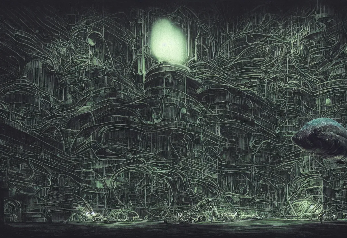 Prompt: a giant nudibranch in the foreground in front of a massive brutalist nuclear plant, flat panels, glowing windows, biomechanical, biopunk, nighttime, low key, dark, gloomy, hazy, spotlights, leds, dramatic lighting, watch tower, helicopter, vignette, art by hr giger, digital art