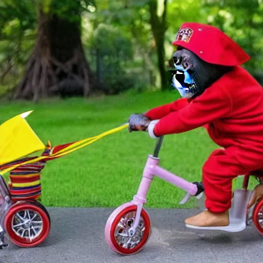 Prompt: a cheeky little chimpanzee wearing red dungarees and a yellow baseball cap riding a tricycle with ribbons on the handlebars and a triangle shaped flag on the back