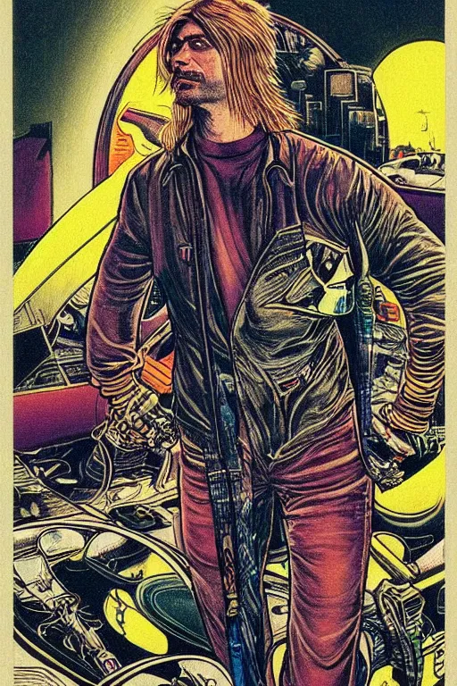 Prompt: Kurt cobain, cyberpunk, retro vintage art, cool, tarot card, 90s, nomad, street style, symmetrical, 2d matte illustration, Stanisław Szukalski + Moebius,