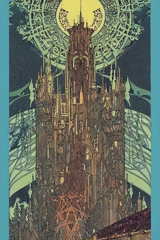 Prompt: castle by Mucha et Philippe Druillet