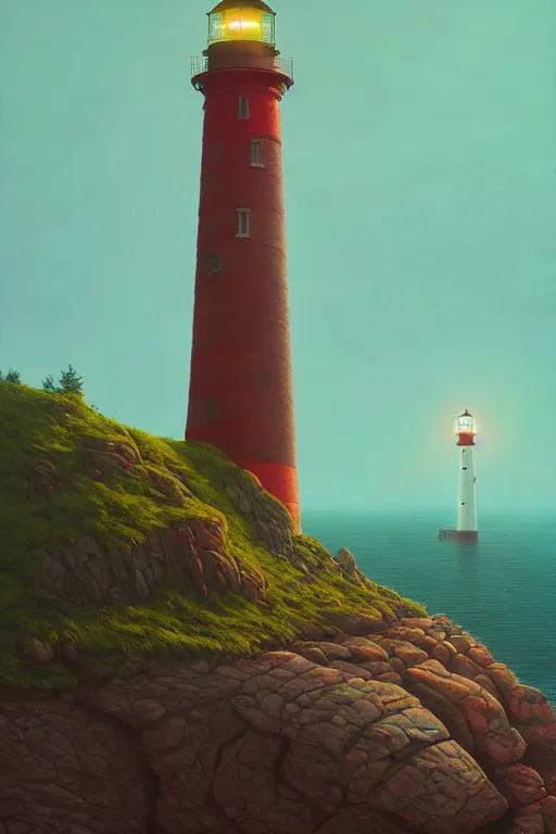 Image similar to a lighthouse on a rock in a redwood solar punk vision ; oil on canvas by klaus burgle and simon stalenhag ; ultra - realistic 3 d depth shading