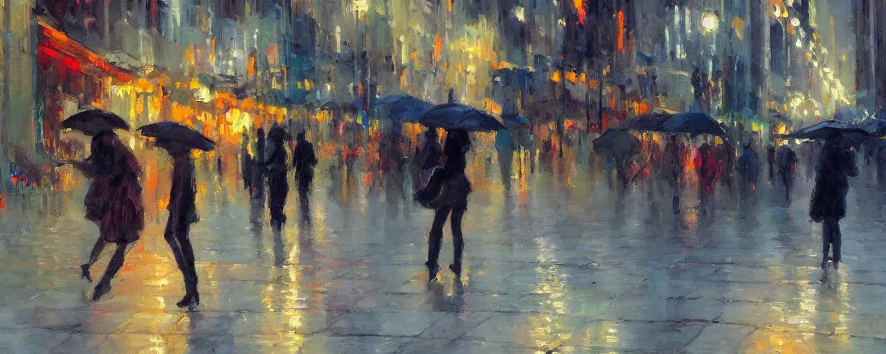 Image similar to evening city scene with central woman with umbrella. beautiful use of light and shadow to create a sense of depth and movement. uses energetic brushwork and a limited color palette, providing a distinctive look and expressive quality in a rhythmic composition