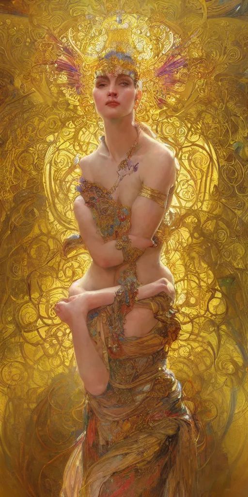 Image similar to an intricate painting of a beautiful goddess with an artistic pose, hyper - detailed, ornamental gold headpiece, octane render, vivid colors, artstation, by jeremy mann, by alphonse mucha, by boris vallejo, by gustav klimt