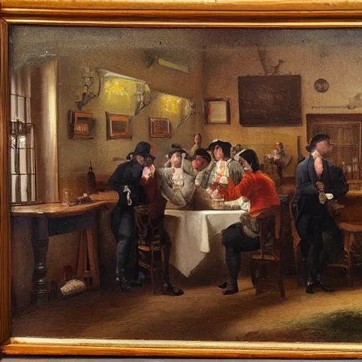 Prompt: painting of English pub, people drinking beer, 1800's