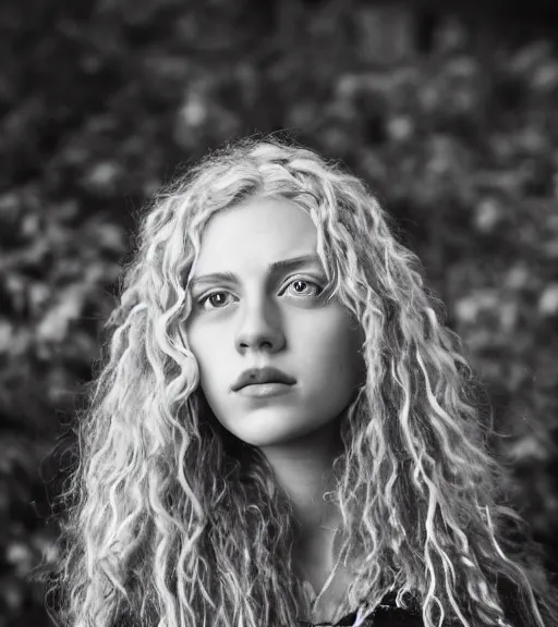 Image similar to a professional 8 5 mm highly detailed portrait of annabeth chase, a caucasian eighteen year old girl that looks like a california valley girl, intense stormy gray eyes, blonde curly hair, professional photography, midday lighting, defiant, beautiful