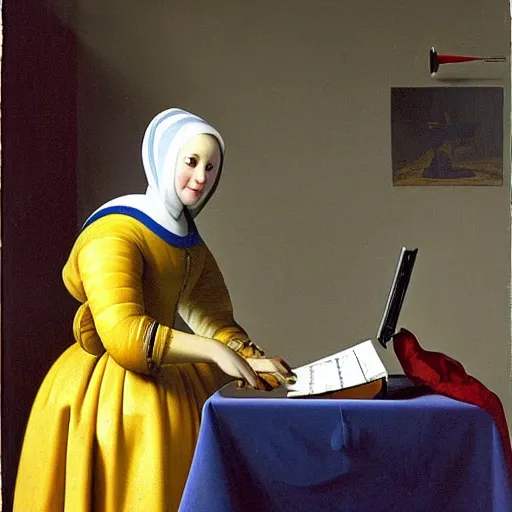 Prompt: painting of a royal female cosmonaut using a computer by Vermeer, Dutch Golden Age