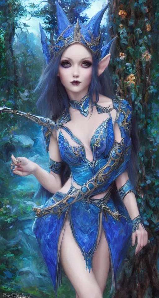 Image similar to Gothic elf princess in blue dragon armor on a misterious forest by Konstantin Razumov