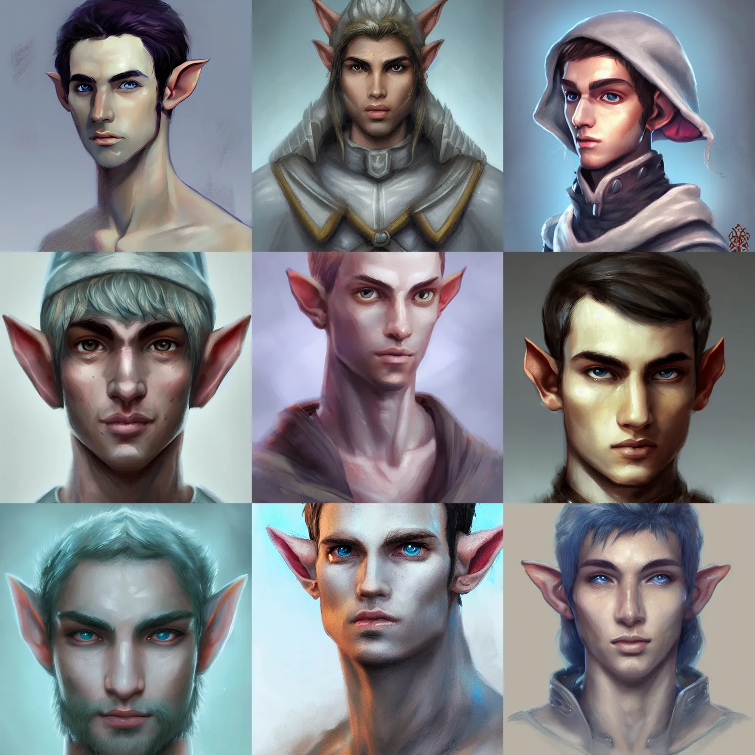 Prompt: Portrait of an elf, he is about 20 years old, light blue skin, attractive, command presence, weathered face, highly detailed portrait, digital painting, ArtStation, concept art, smooth, sharp focus illustration, ArtStation HQ