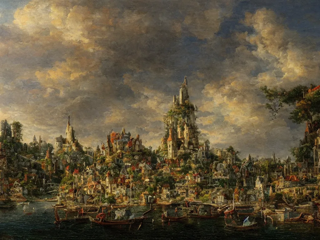 Prompt: a fantasy village, viewed from the harbor, by jean - baptist monge,