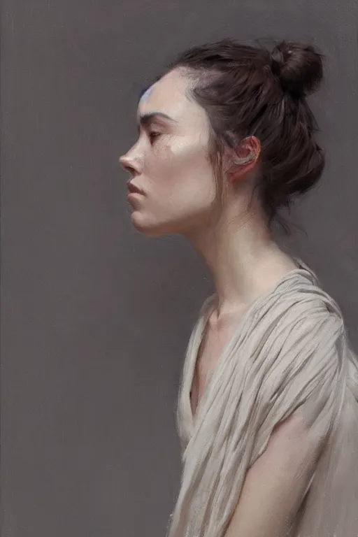 Prompt: rey from star wars, side view, eyes closed, jeremy lipking, joseph todorovitch