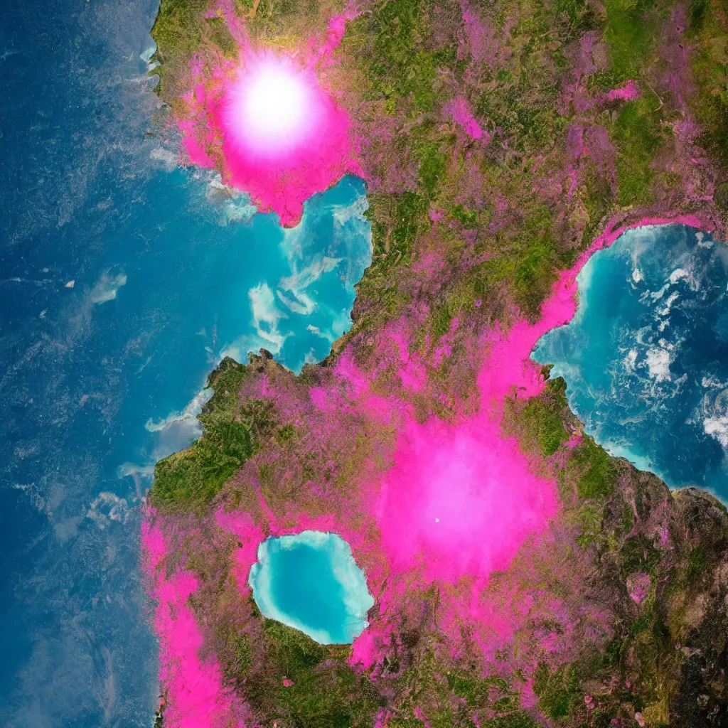 Prompt: looking from space at exploding volcano in middle of the sea with pink beach and shiny sun in back ground and alien plants on beach