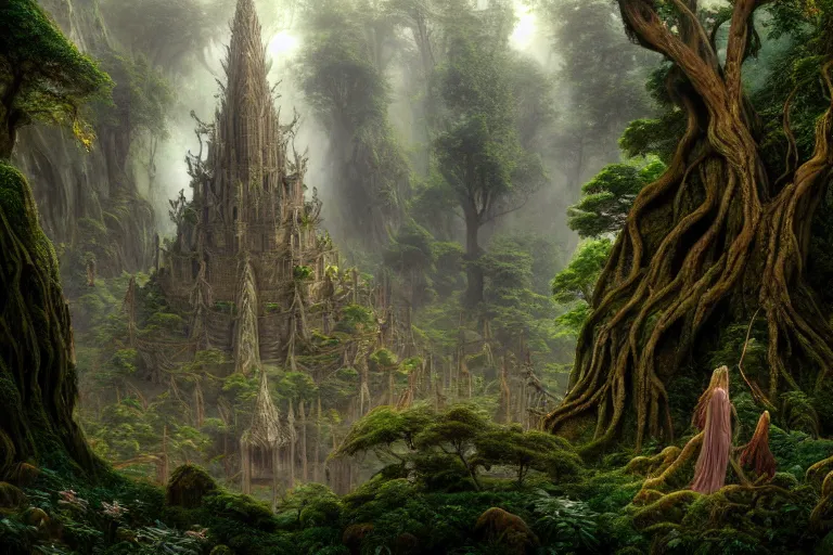 Prompt: a beautiful and highly detailed matte painting of a sacred elven tree temple in a valley in a lush forest in the misty mountains, psychedelic, celtic, intricate details, epic scale, insanely complex, 8 k, sharp focus, photorealism, artstation, cgsociety, by caspar friedrich, albert bierstadt, james gurney, brian froud,