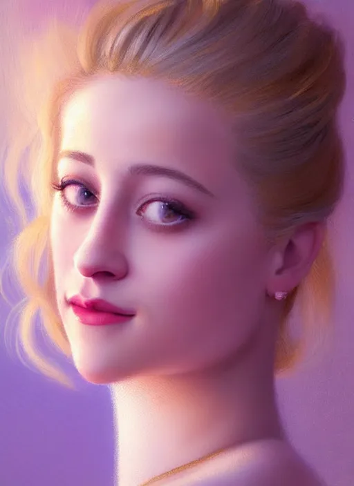 Image similar to portrait of lili reinhart with fluffy bangs, smiling kindly, bangs, 1 9 6 0 s, ponytail, curly bangs and ponytail, rounder face, intricate, elegant, glowing lights, highly detailed, digital painting, artstation, concept art, smooth, sharp focus, illustration, art by wlop, mars ravelo and greg rutkowski