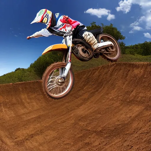 Image similar to motocross rider on dirt jump, renaissance composition