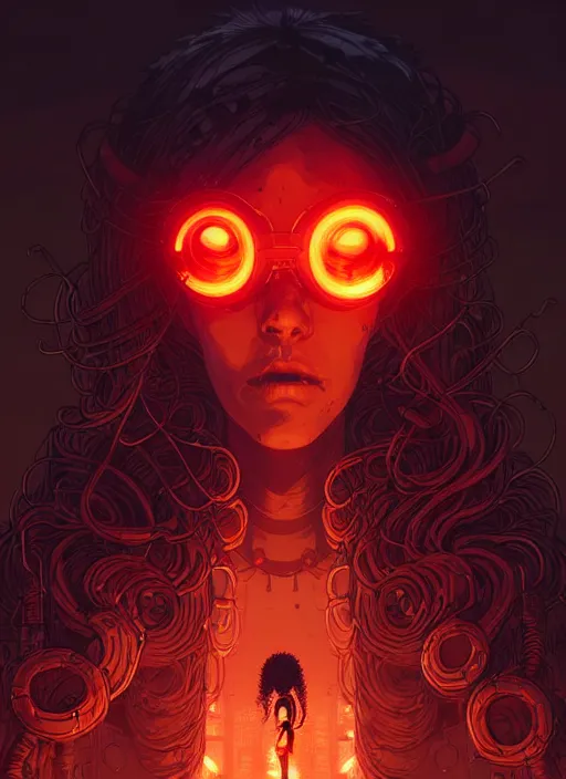 Image similar to highly detailed portrait of wasteland punk long curly fire hair tribal lady, stray wiring by atey ghailan, james gilleard, by joe fenton, by greg rutkowski, by greg tocchini, by kaethe butcher, 4 k resolution, gradient red, orange, black and white color scheme!!! ( ( burning flaming robotic dystopian city background ) )