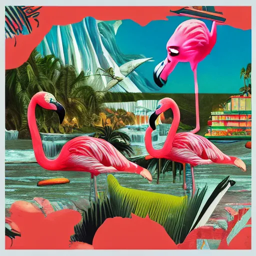 Prompt: the flamingo cafe by william maranci, internetcore plunderphonic collage album cover, trending on artstation