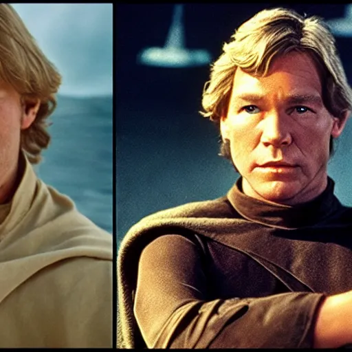 Image similar to patrick stewart with wavy blond hair as luke skywalker on tatooine