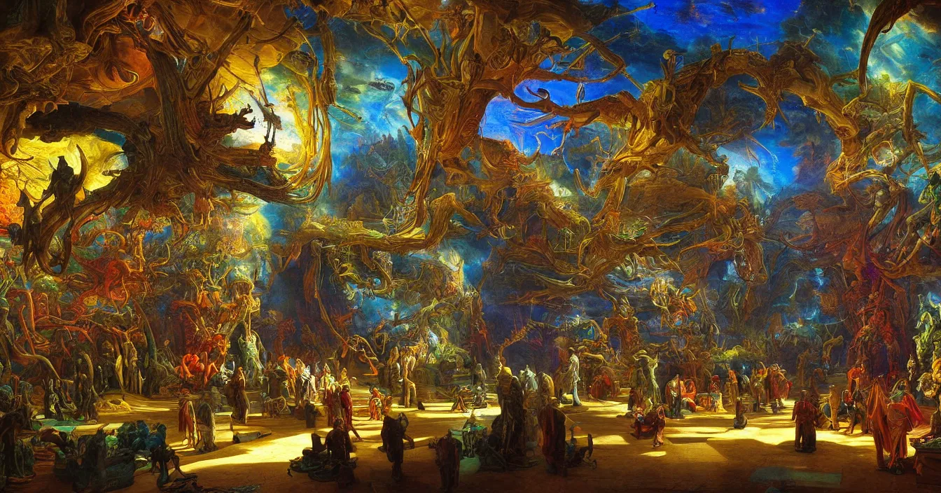 Prompt: Colorful photograph of detail interior of futuristic alien museum, full of thousands of exhibits from different places of our universe, incerdible sharp detail, back light contrast, dramatic atmosphere, bright vivid colours, painted by Asher Brown Durand , Gustave Dore, George Inness,