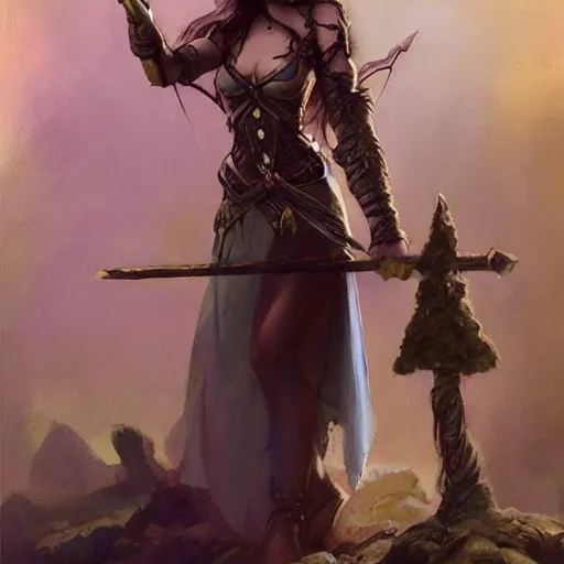 Image similar to elven princess character portrait by frank frazetta - wearing a dress, holding a staff, fantasy, dungeons & dragons, sharp focus, beautiful, artstation contest winner, detailed