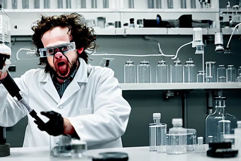 Image similar to a slobbish, mad scientist, working in a lab