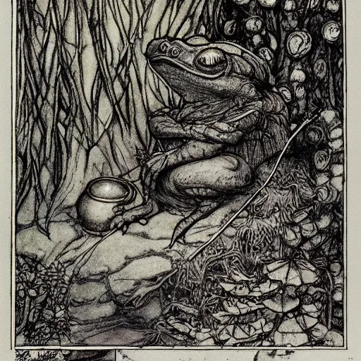 Prompt: toad philosopher toad in a pose The Thinker, swamp, illustrations by irish fairy tales james stephens arthur rackham, fairy tale illustrations, green ratio, very detailed, 8k, high resolution