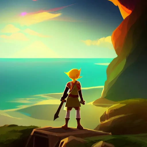 Image similar to link standing on an island ready for battle with a pirate ship in the distance, dramatic lighting, diffused light, haze, lens flare, detailed wind waker concept art, trending on artstation