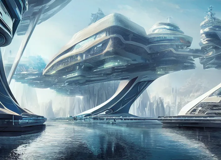 Prompt: a futuristic city surrounded by water and mountains with bridges over water, a detailed matte painting by Jon McCoy and Zaha Hadid, trending on cgsociety, retrofuturism, matte painting, concept art, artstation