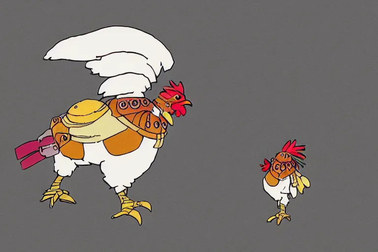 Image similar to heavily armoured mechanical chicken by studio ghibli