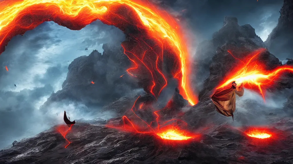 Prompt: two mysterious hooded wizards fighting and falling towards the center of the Earth, rocks falling, lava in the background, digital art highly-detailed epic fantasy